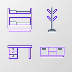 Set line Furniture nightstand, Office desk, Coat and Bunk bed icon. Vector