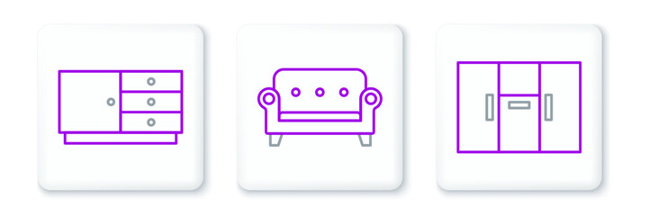 Set line Wardrobe, Chest of drawers and Sofa icon. Vector