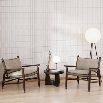 Waiting room concept with two armchairs and white tiled wall