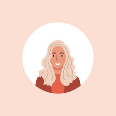 Profile image of woman avatar for social networks with half circle. Fashion vector. Bright vector illustration in trendy style.