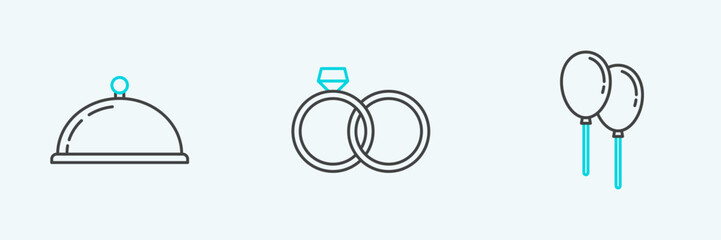 Set line Balloons with ribbon, Covered tray of food and Wedding rings icon. Vector