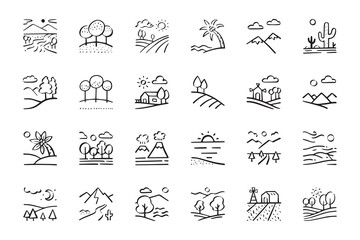 landscape outline doodle icon set