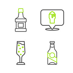Set line Beer bottle, Glass of champagne, Alcohol or beer bar location and Whiskey icon. Vector