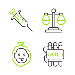 Set line Dynamite and timer clock, Murder, Scales of justice and Syringe icon. Vector