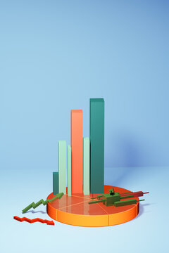 3D financial performance bar and pie charts, arrows results 