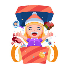 Girl with Christmas Santa Claus Hat out from Gift Box