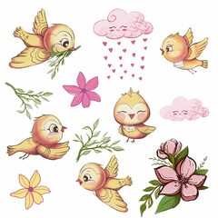 Bird set. Bird art, spring flowers, pink clouds, cartoon sketch