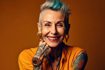 portrait of stylish elderly happy woman in tattoos smiling on bright colored background. Generative AI