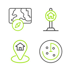 Set line Radar with targets on monitor, Location house, Hotel sign for traffic and City map navigation icon. Vector