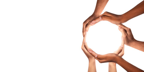 Conceptual symbol of multiracial human hands making a circle on transparent background. with a copy...