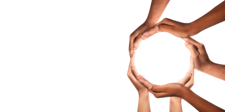 Conceptual symbol of multiracial human hands making a circle on transparent background. with a copy space in the middle. The concept of unity, cooperation, partnership, teamwork and charity. png file.