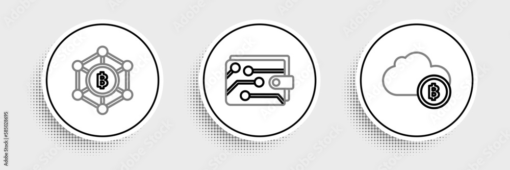 Poster set line cryptocurrency cloud mining, blockchain technology bitcoin and wallet icon. vector
