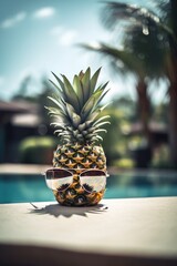 Summer fruit. Funny pineapple wearing sunglasses near a swimming pool. Vacations concept. Generative AI