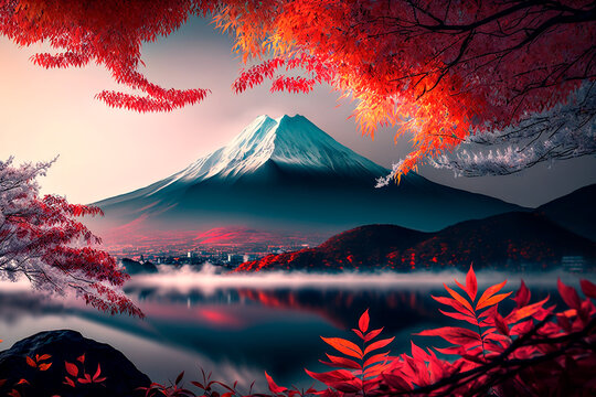 La colorida temporada de otoño y la montaña Fuji con niebla matutina (Generative Ai)