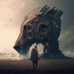 Obraz na płótnie Canvas Mystical wolf head sculpture on deserted beach