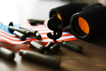 The concept of support in a military conflict. Solidarity. Politics. The flags are on the table.