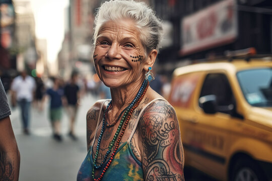 stylish elderly happy woman in tattoos smiles on street of city. Generative AI
