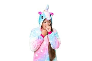Obraz na płótnie Canvas Young Asian woman with unicorn pajamas over isolated chroma key background is suffering with cough and feeling bad
