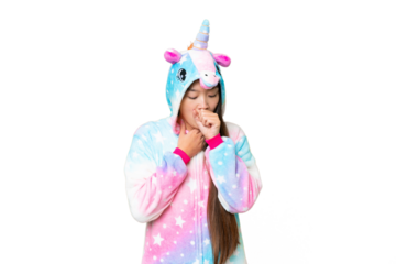 Young Asian woman with unicorn pajamas over isolated chroma key background is suffering with cough and feeling bad