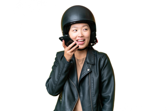 Young Asian woman with a motorcycle helmet over isolated chroma key background keeping a conversation with the mobile phone