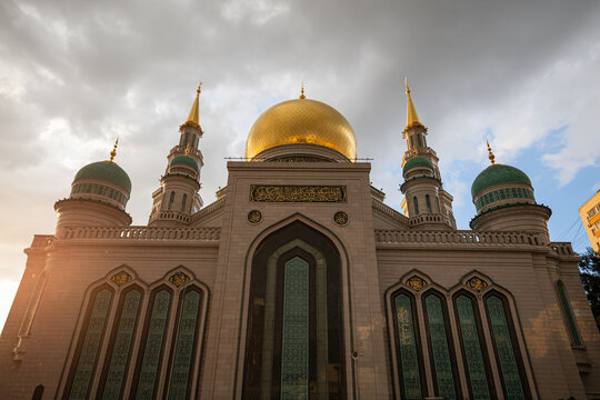 Mosque in Moscow seen during sunny sunset of a rainy day