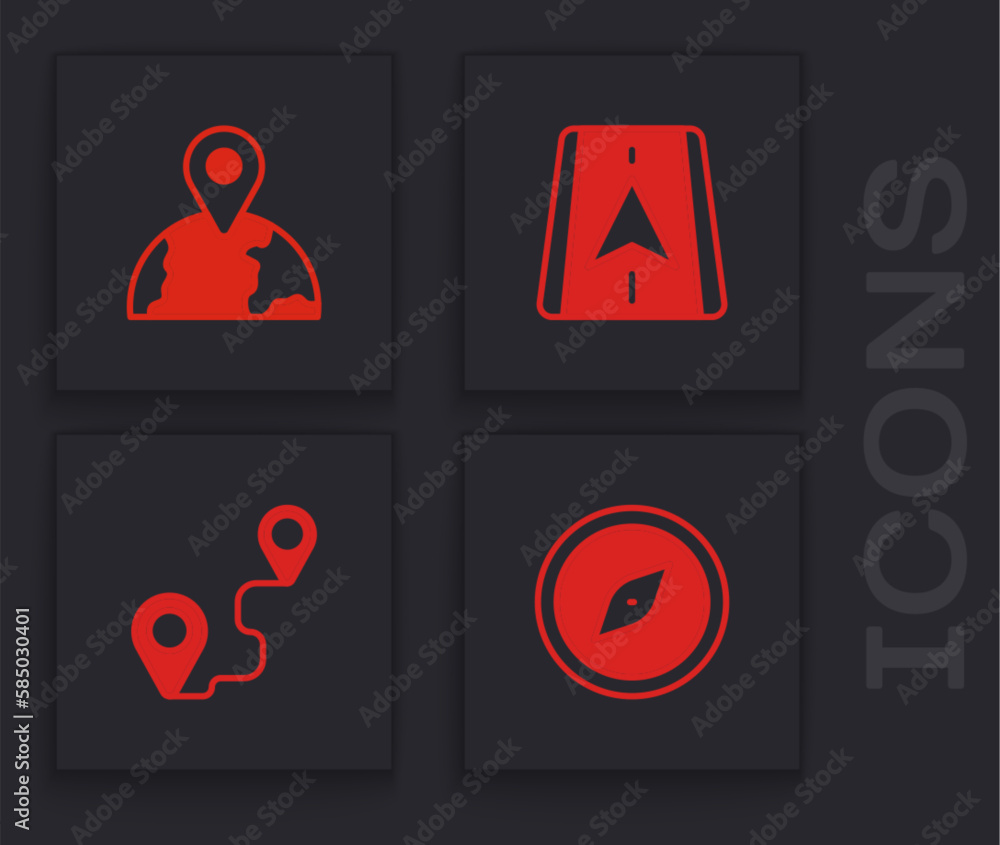 Poster set compass, location on the globe, city map navigation and route location icon. vector