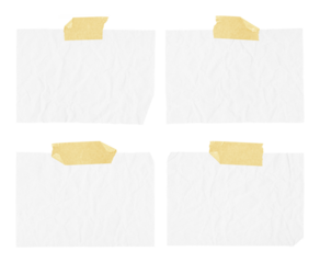 White ripped crumpled paper strips collection. Realistic paper scraps with adhesive tape on transparent background. Sticky notes