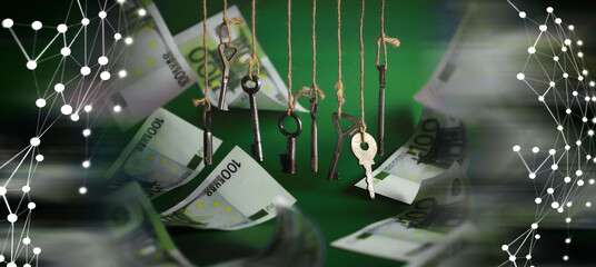 Concept of Money and business idea. Retro keys on ropes in hand. Flying banknotes.