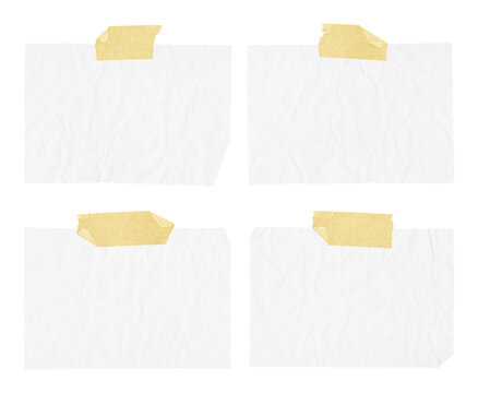 White ripped crumpled paper strips collection. Realistic paper scraps with adhesive tape on transparent background. Sticky notes