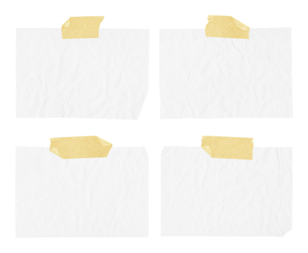 White ripped crumpled paper strips collection. Realistic paper scraps with adhesive tape on transparent background. Sticky notes