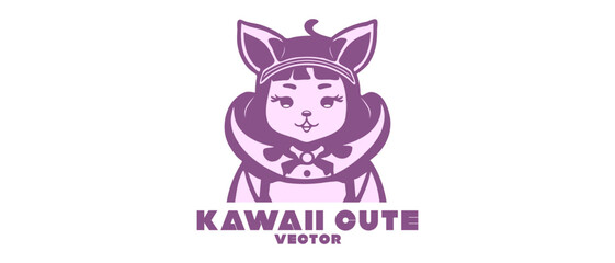 Vector logo. Simple pink cute kawaii cartoon anime girl with cat ears. Sticker, icon or emblem. White isolated background