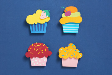 Cute cupcakes set. Birthday cake made paper cut.