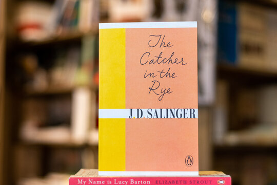 Close up J. D. Salinger's The Catcher in the Rye novel in the bookshop.