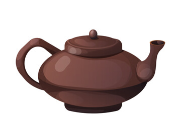 Japanese kettle, teapot traditional ceramic in cartoon style isolated on white background. 