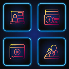 Set line Breaking news, Live stream, World and News on radio channel. Gradient color icons. Vector