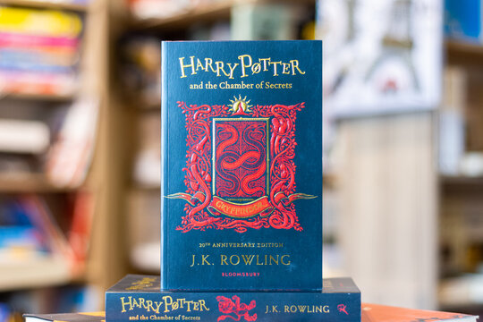Close-up J. K. Rowling's Harry Potter and the Chamber of Secrets novel in the bookshop.
