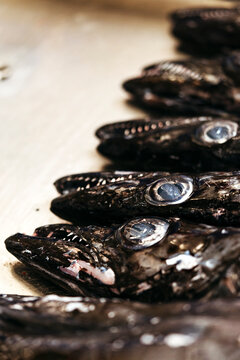 Typical Portuguese Espetada fish at market.