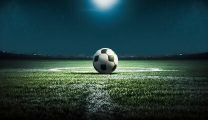 football in the center of the stadium illuminated by the headlights, soccer sport, generative ai.