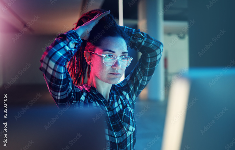 Aufkleber Cybersecurity, password and woman hacker getting ready while working on a computer at night for phishing. Database, malware and ransomware with a female coder hacking a digital transformation network