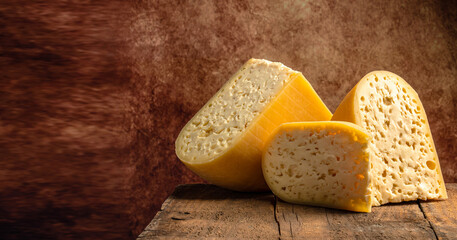 close up french hard cheese with holes emmentaler on a wooden background. farmer market. top view....