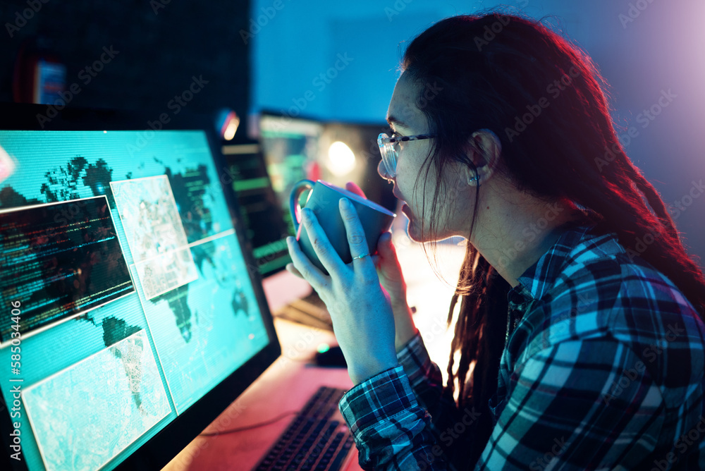 Fototapete Computer screen, coffee or cyber security woman hacker in dark room for coding, phishing or blockchain. Night, programmer ux or girl hacking online in digital transformation on global ai website