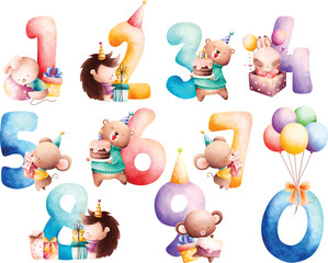 Watercolor illustration set of colorful number with cute animals