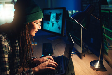 Woman, laptop and hacker typing in home with software, data programming or cybersecurity....