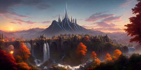 Retrofutiristic style ethernal fairytale landscape. AI generated illustration