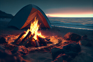 Campfire near a tent in a picturesque outdoor setting. AI Generated