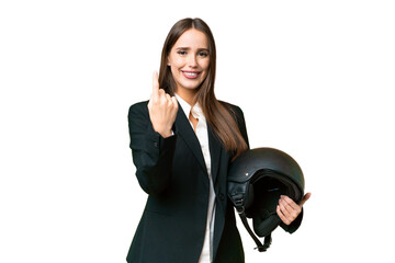 Young Asian woman with a motorcycle helmet over isolated chroma key background doing coming gesture