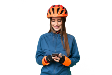 Young cyclist woman over isolated chroma key background sending a message with the mobile
