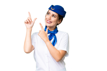 Airplane stewardess over isolated chroma key background pointing with the index finger a great idea