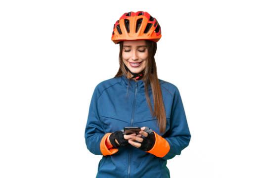 Young cyclist woman over isolated chroma key background sending a message with the mobile - Powered by Adobe