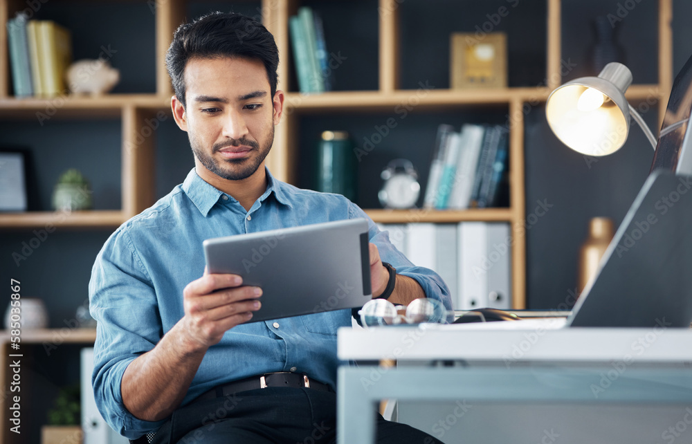 Poster business man, tablet and internet in office for productivity, planning and startup research. male em